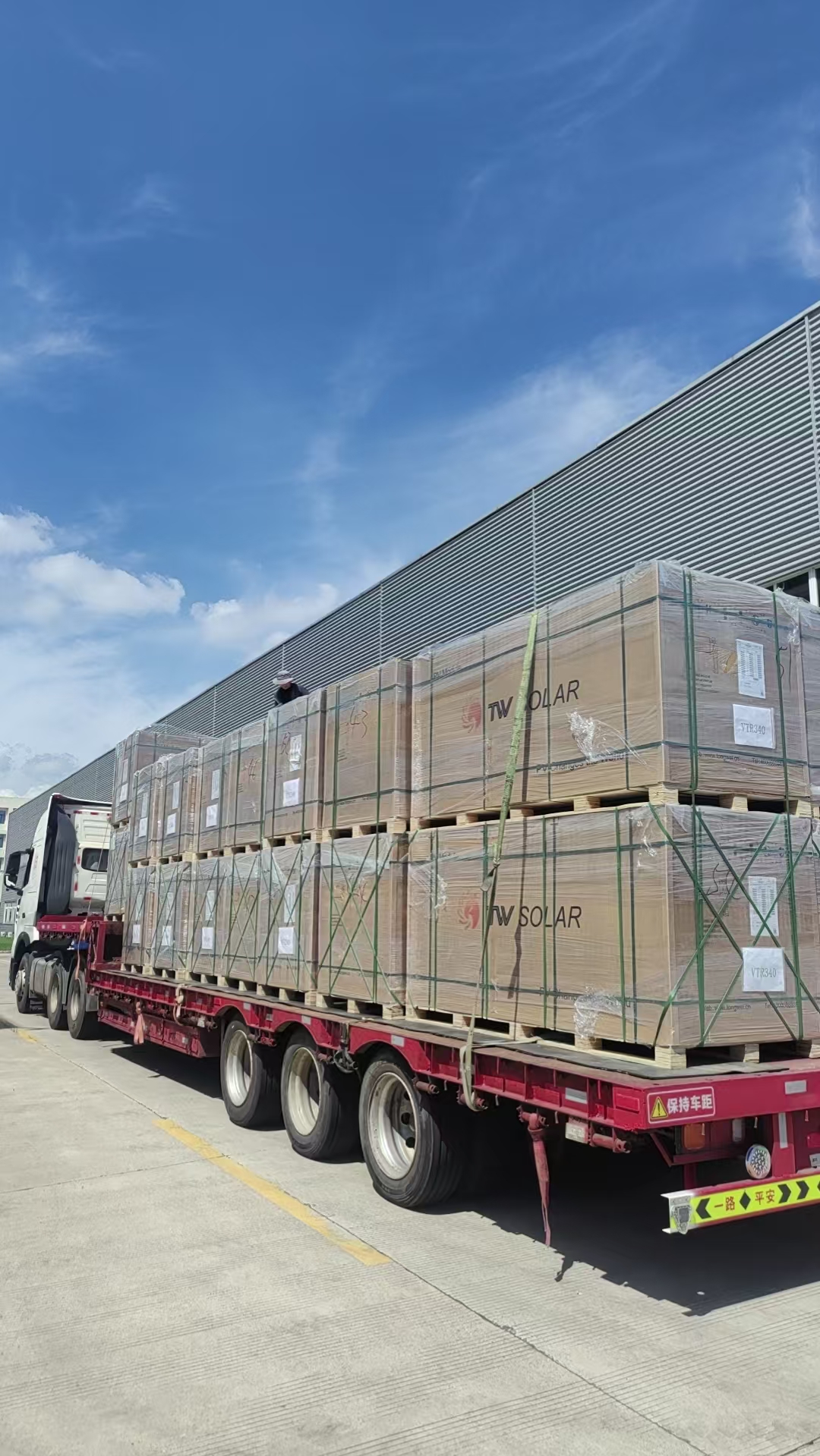 TW Solar panels on pallets loaded on flatbed truck for export