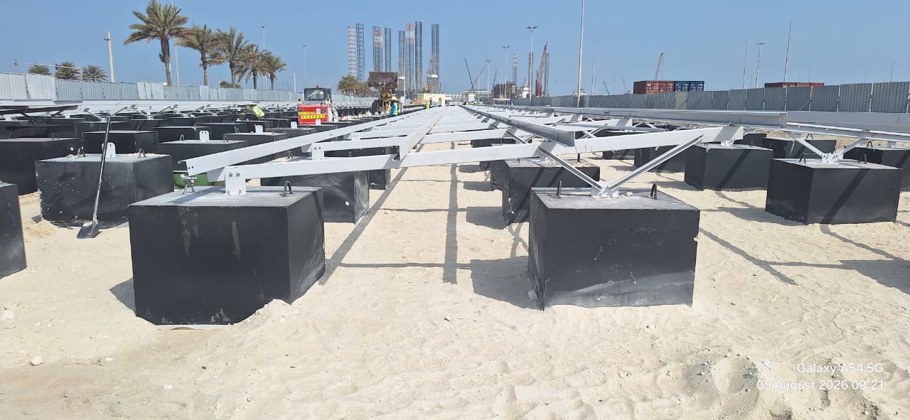 Ballast mounting frames installed in rows at Middle East solar project site